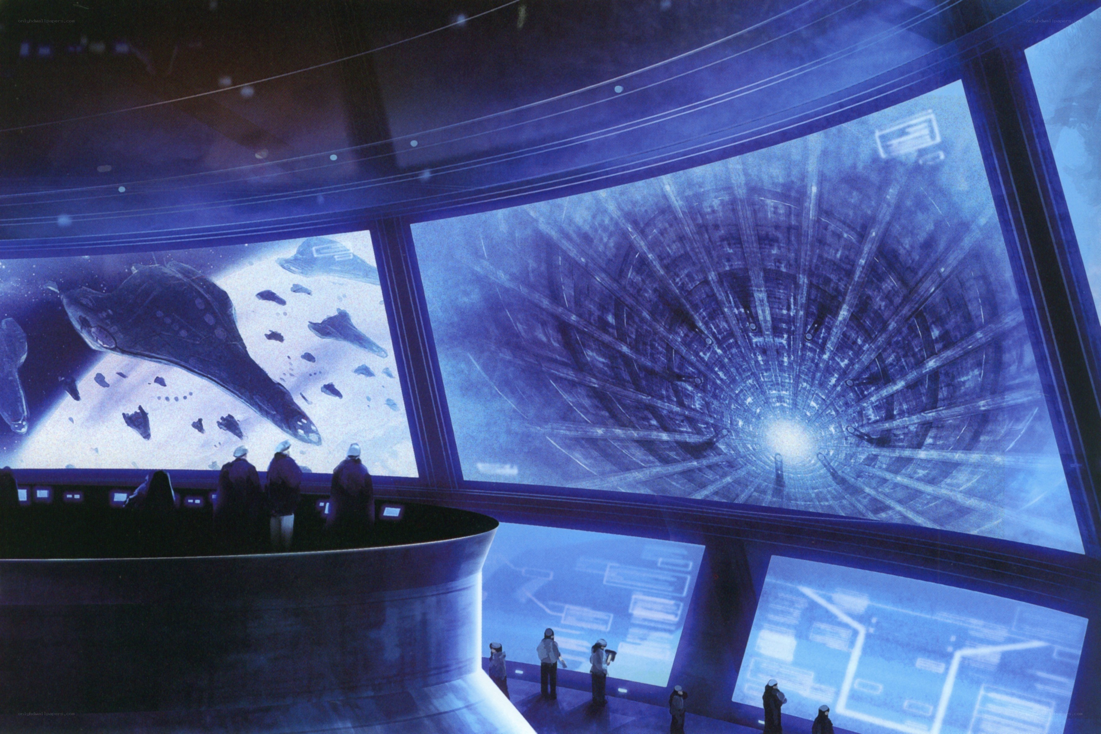 futuristic control room with large screens