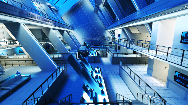 futuristic corporate lobby