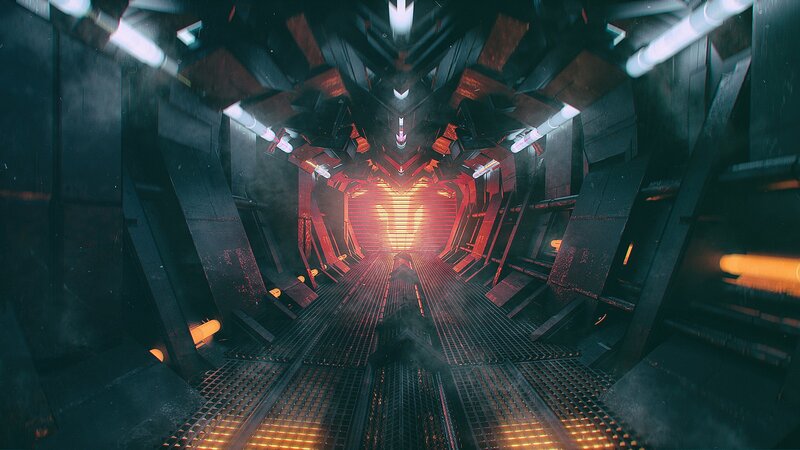 Futuristic Corridor — Black, Dark, 3d Render, Grate Floor