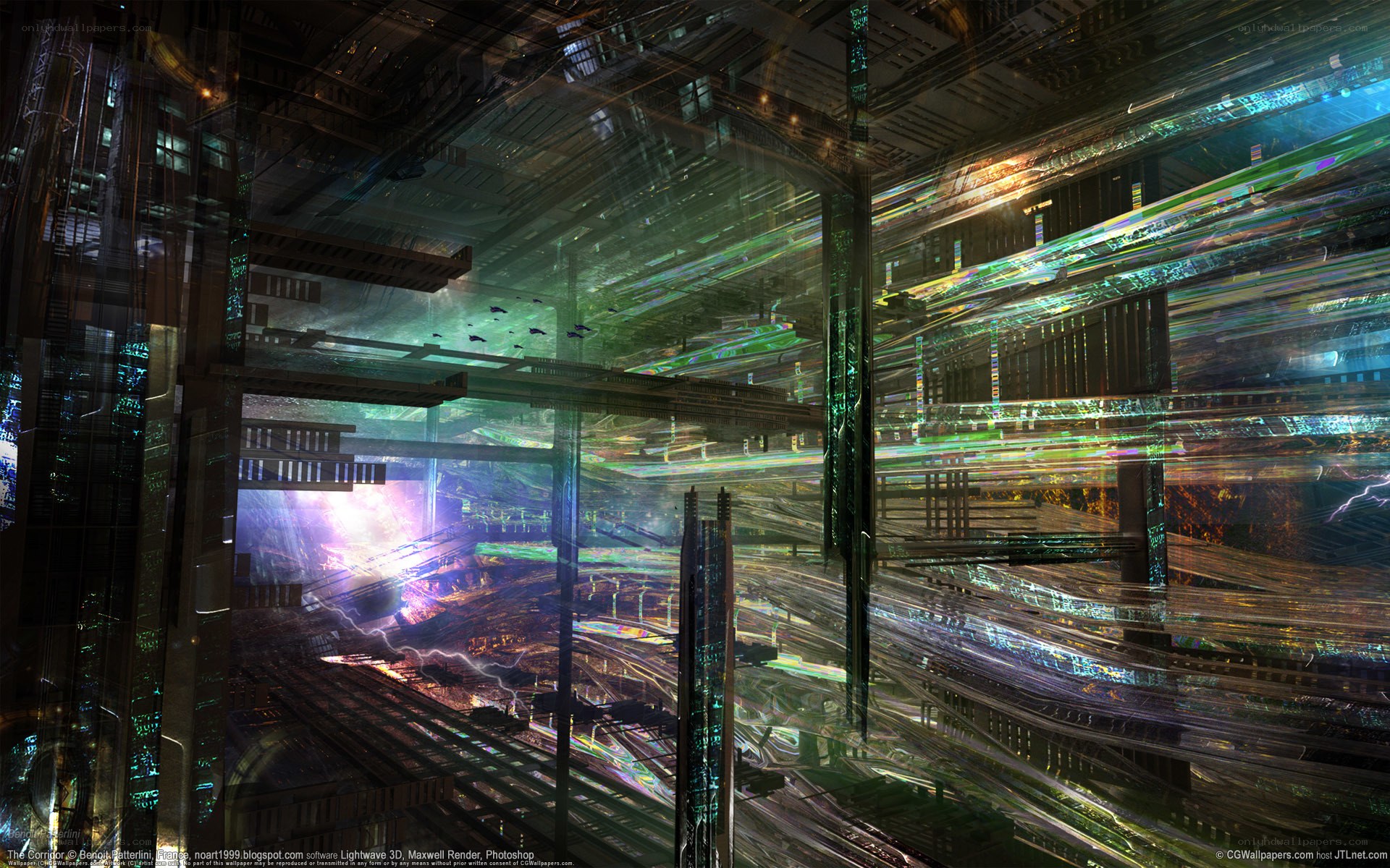 futuristic corridor with energy beams