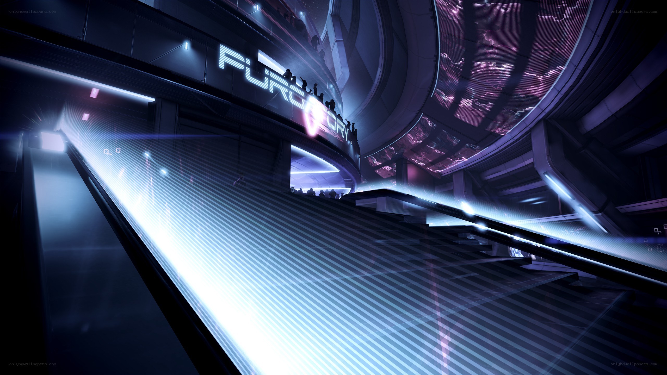 futuristic corridor with glowing escalator