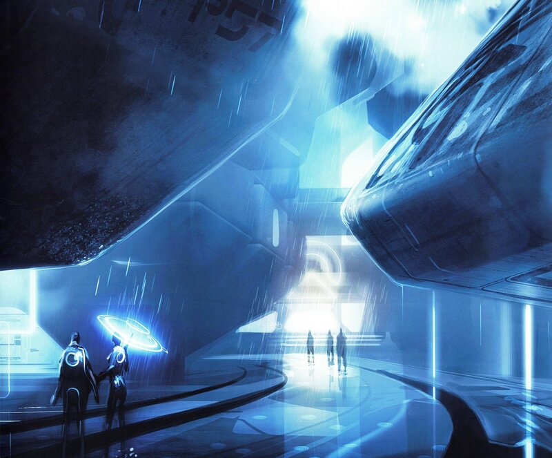 futuristic corridor with glowing figures