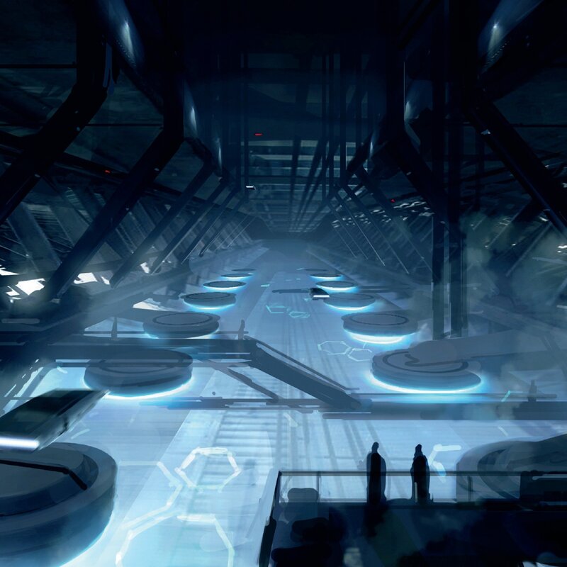 futuristic corridor with glowing platforms