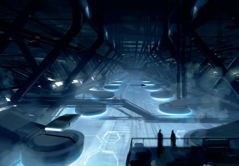 futuristic corridor with glowing platforms