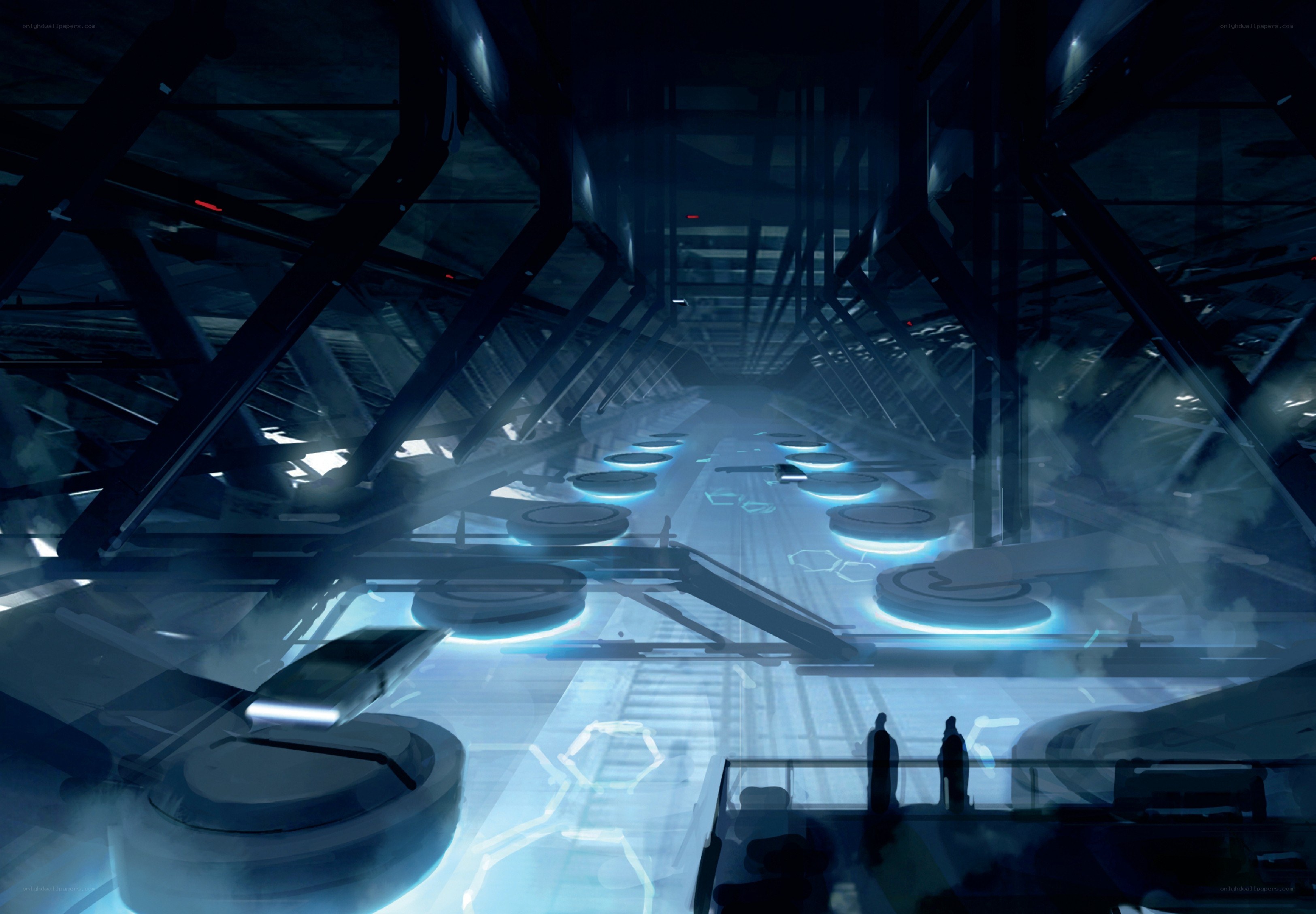 futuristic corridor with glowing platforms
