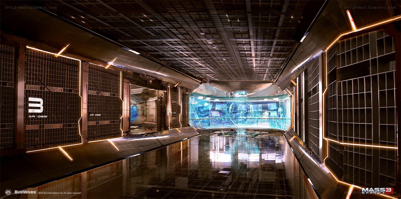 futuristic corridor with holographic display
