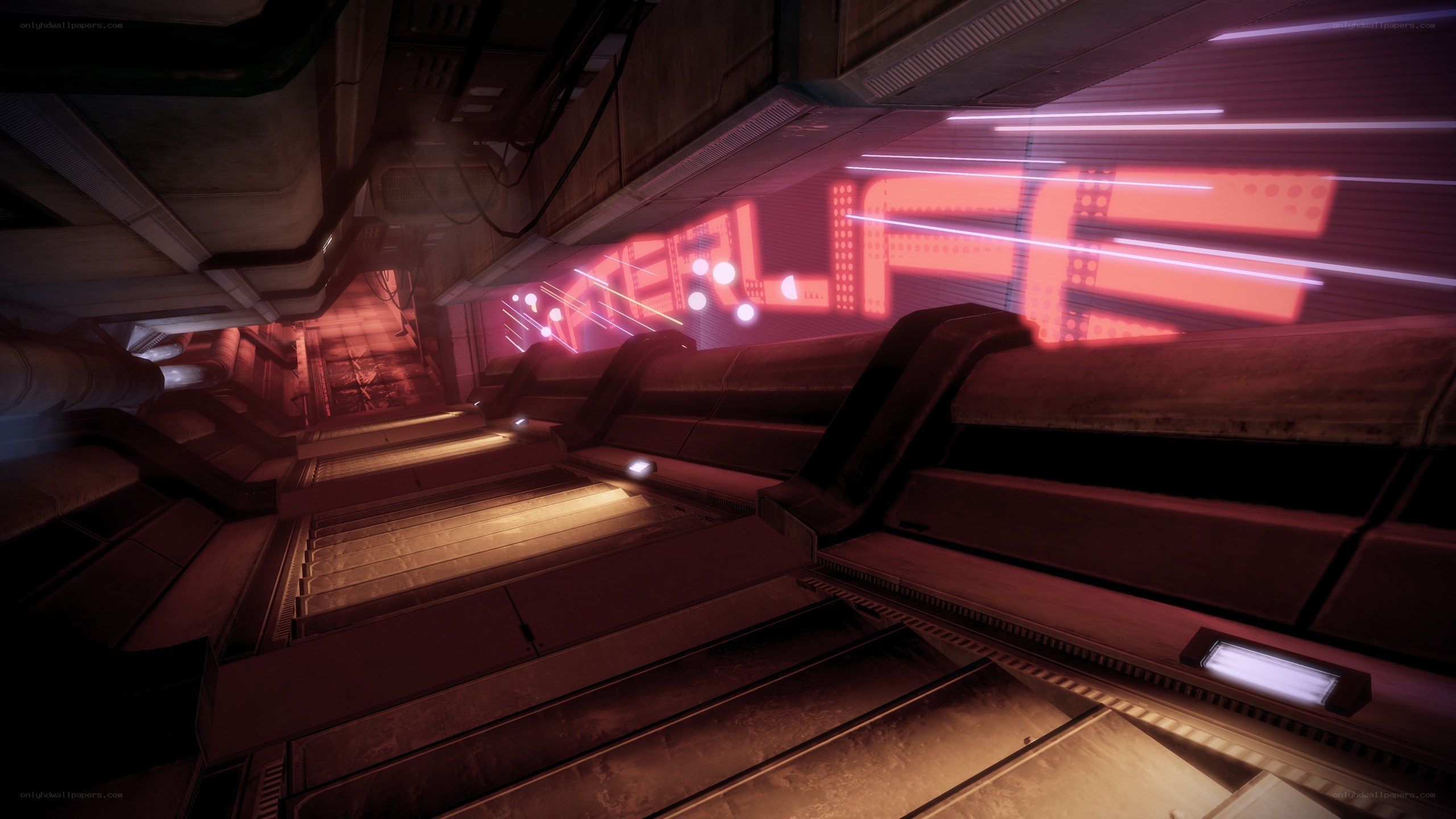 futuristic corridor with neon sign