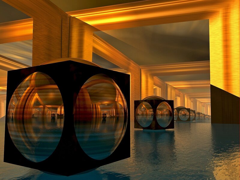 futuristic corridor with reflective cubes