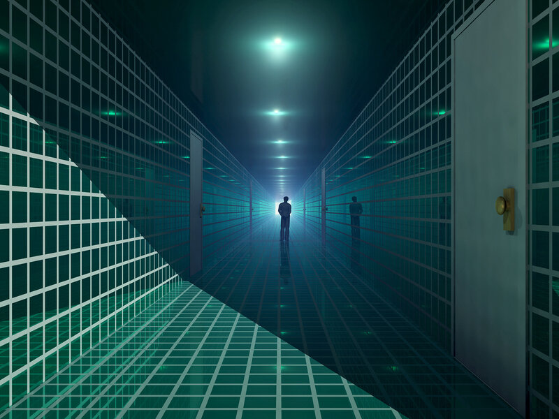 futuristic corridor with silhouettes