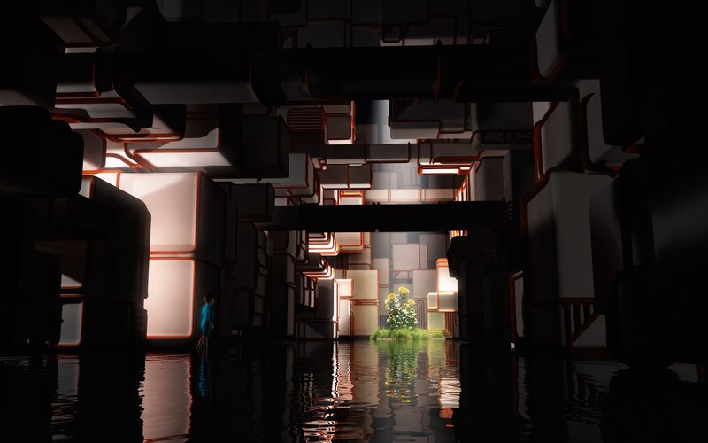futuristic corridor with water