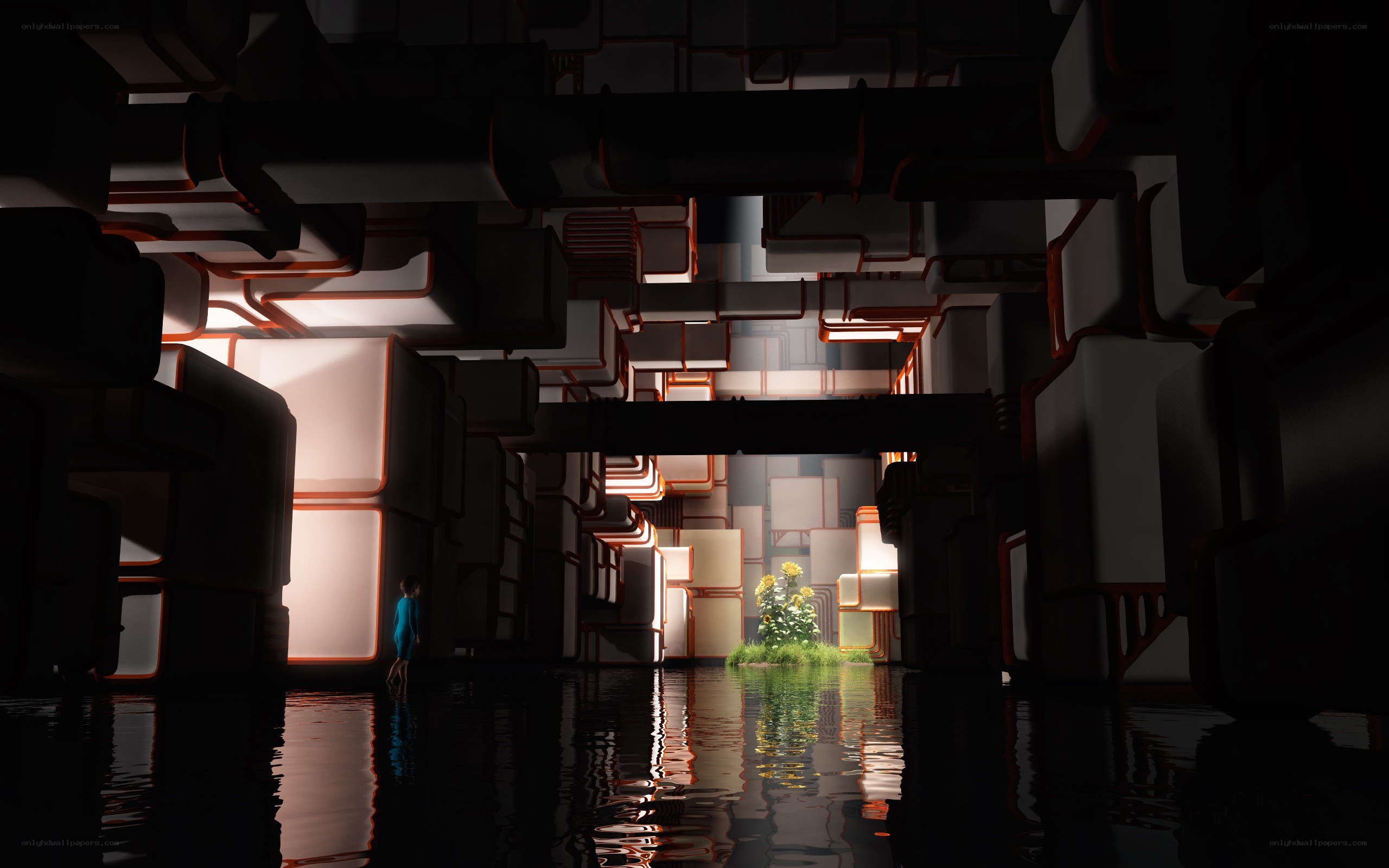 futuristic corridor with water
