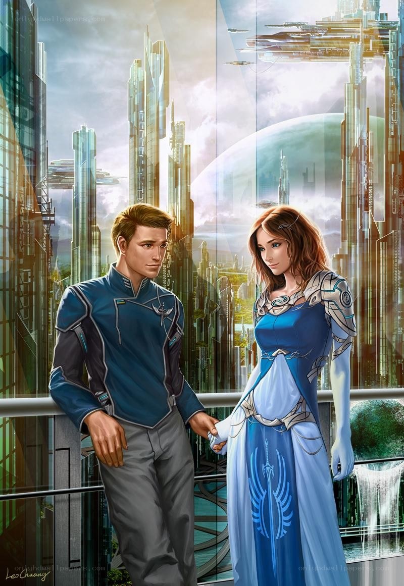 Futuristic couple on balcony
