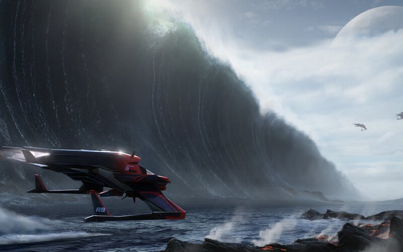 Futuristic craft on alien shore