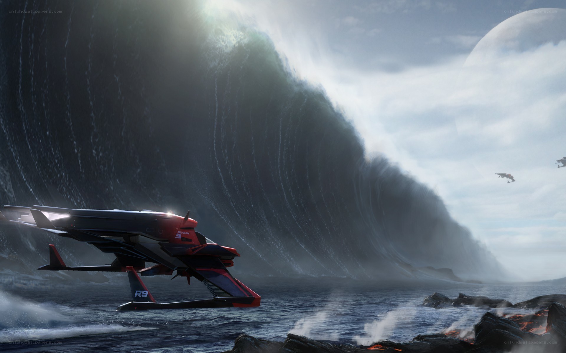 Futuristic craft on alien shore