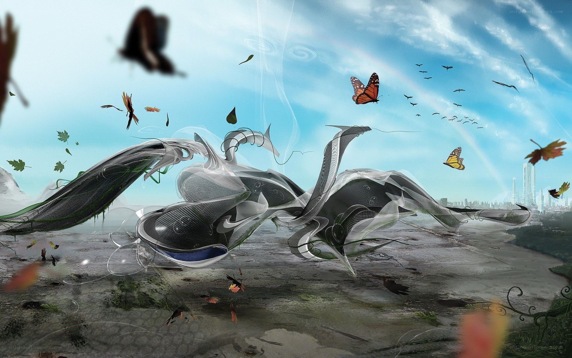 Futuristic creature in a ruined landscape