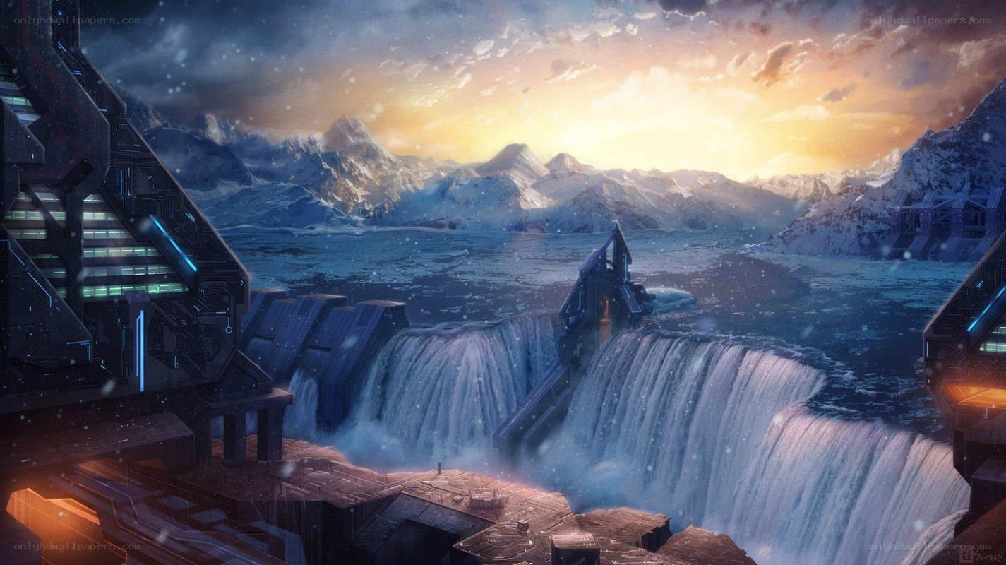 futuristic dam in snowy mountains