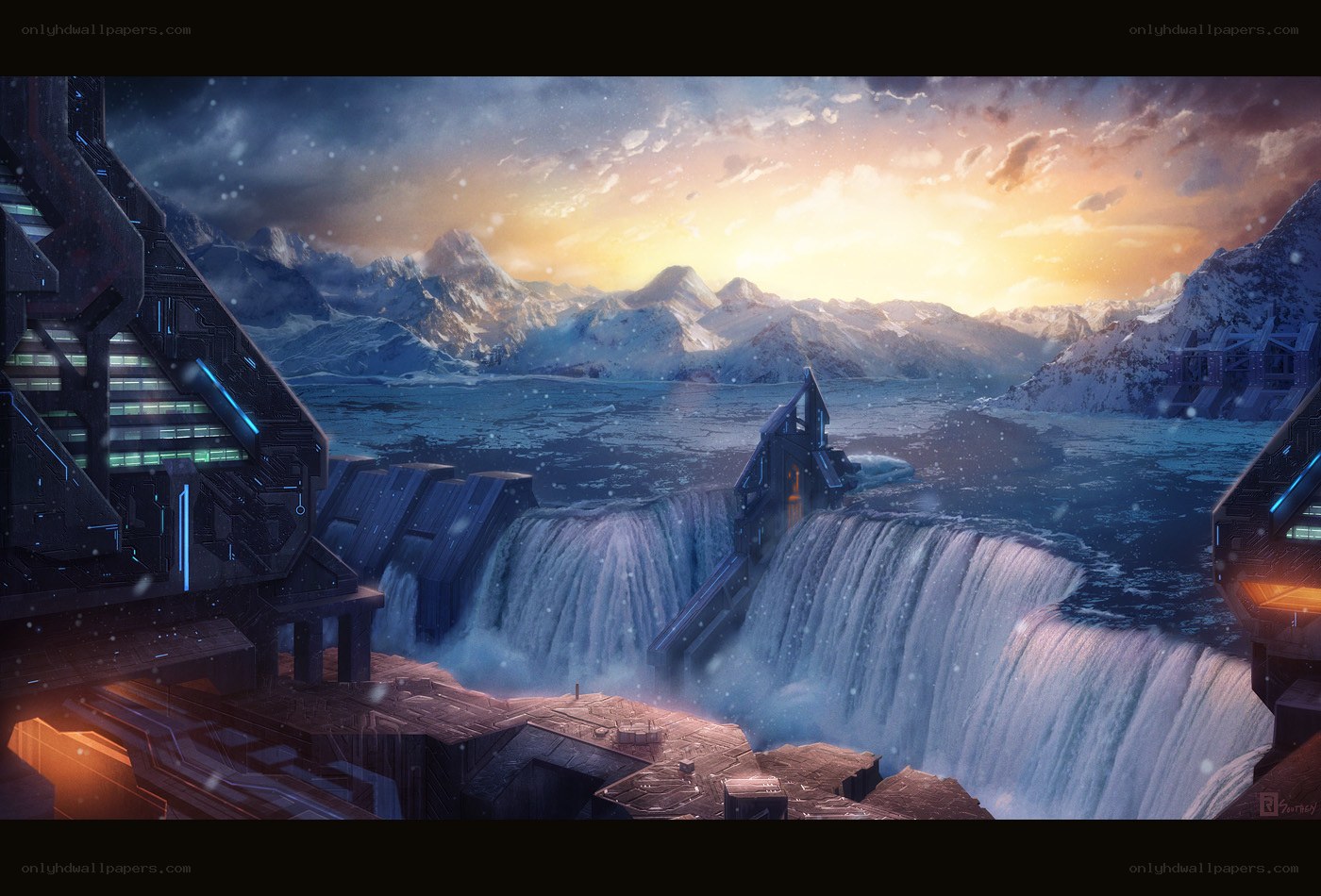 futuristic dam in snowy mountains