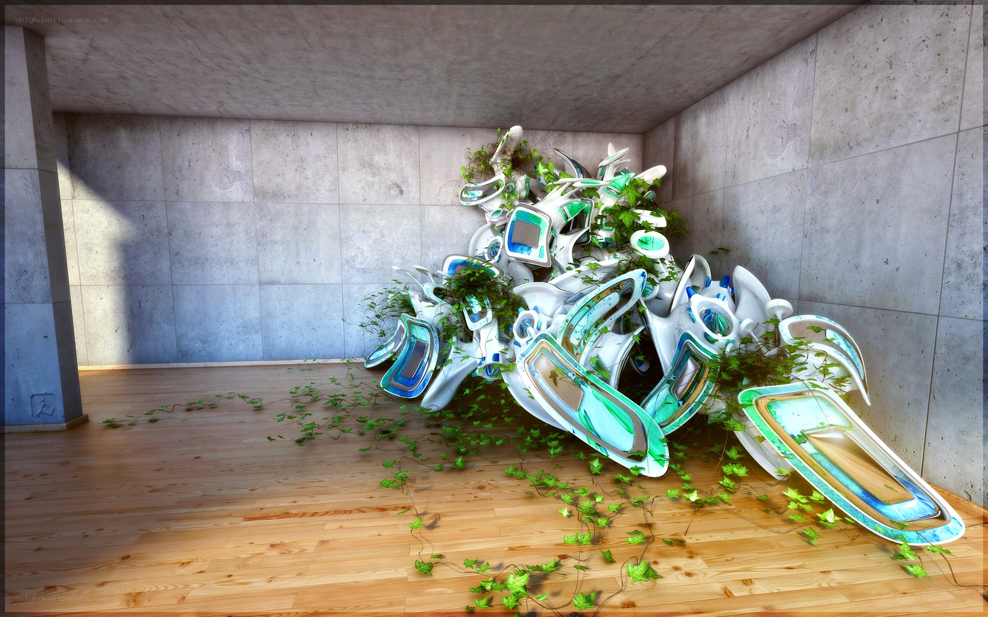 Futuristic debris in concrete room