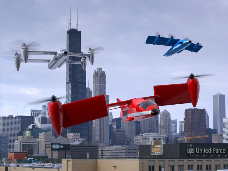 Futuristic delivery drones over city