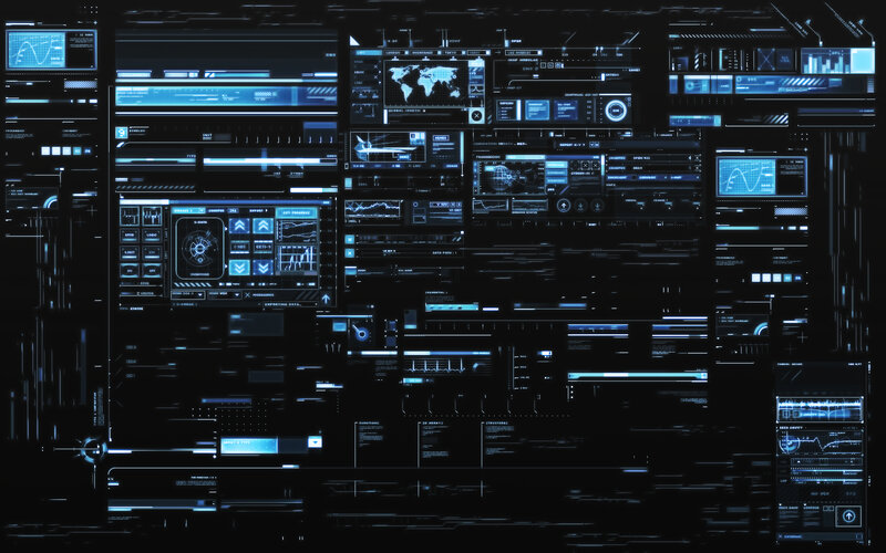 Futuristic Digital Interface — Blue, Technological, Digital Art, Data Panels, World Map