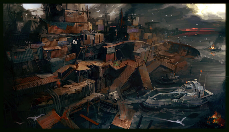 Futuristic dockyard settlement