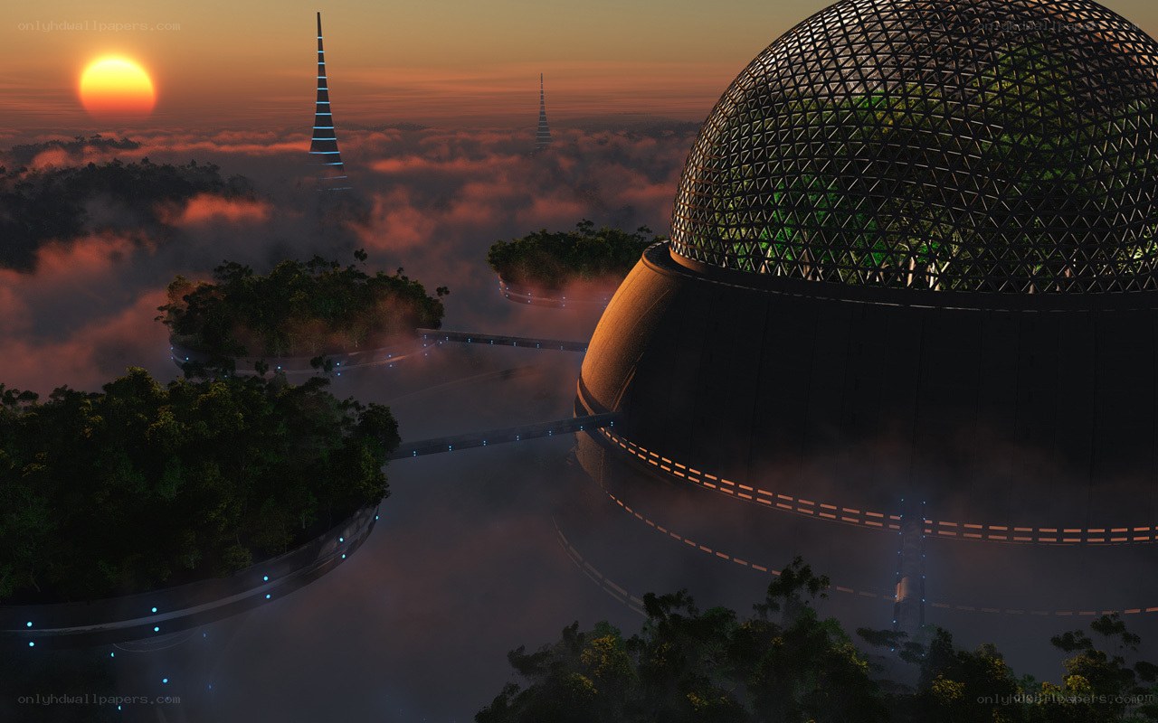 futuristic dome city at sunset