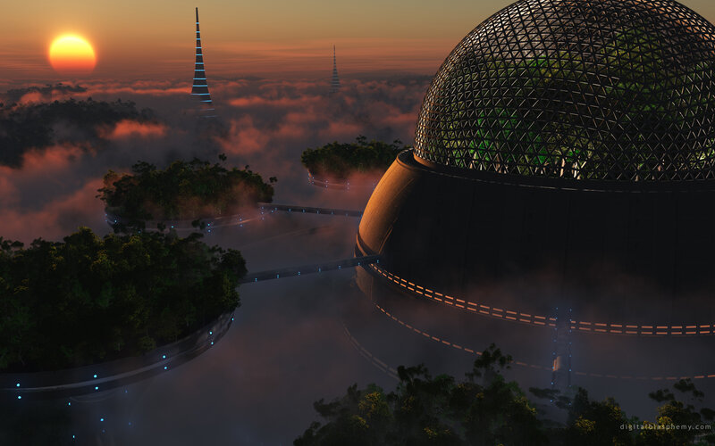 Futuristic dome city at sunset