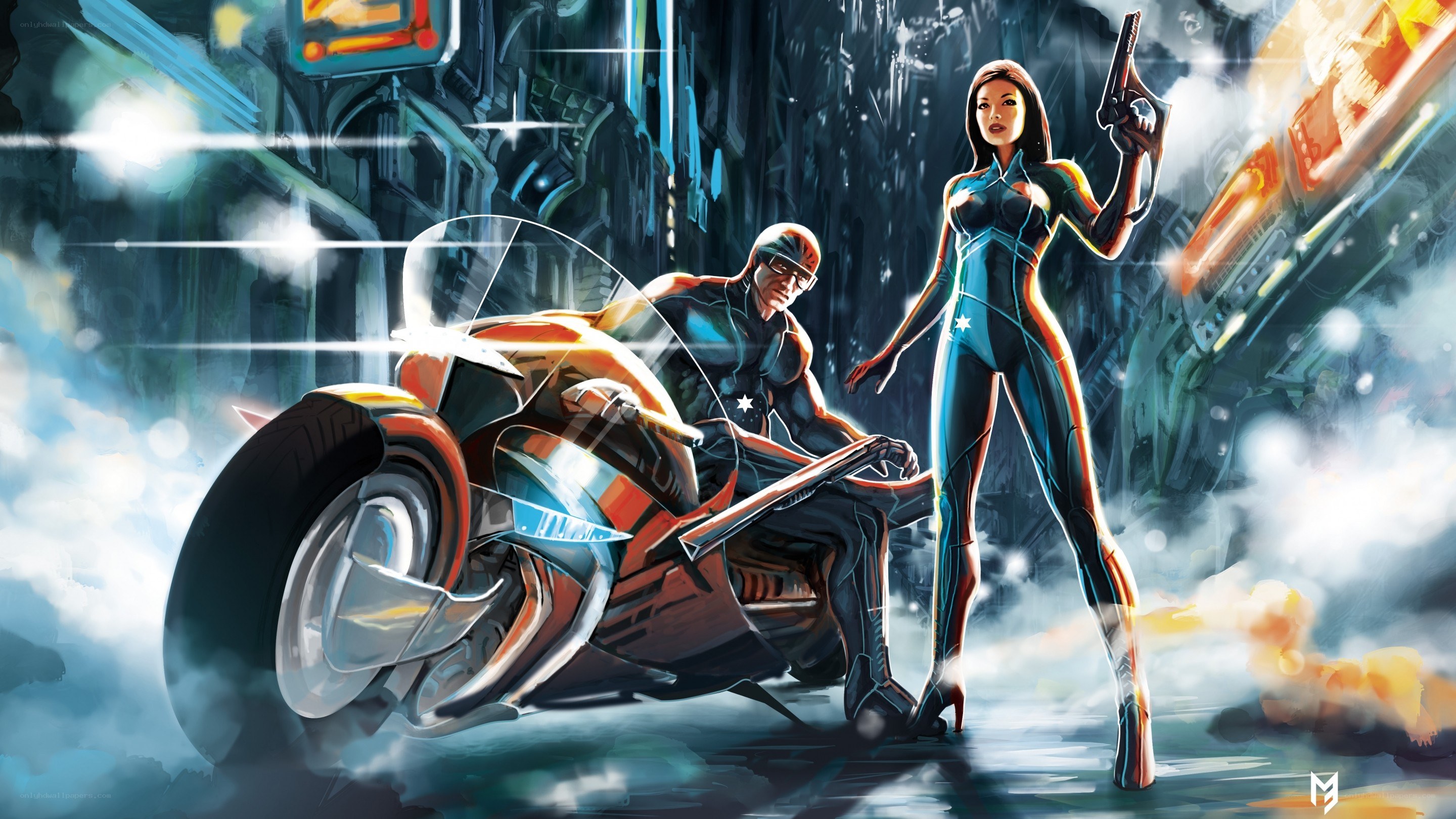 futuristic duo with motorcycle