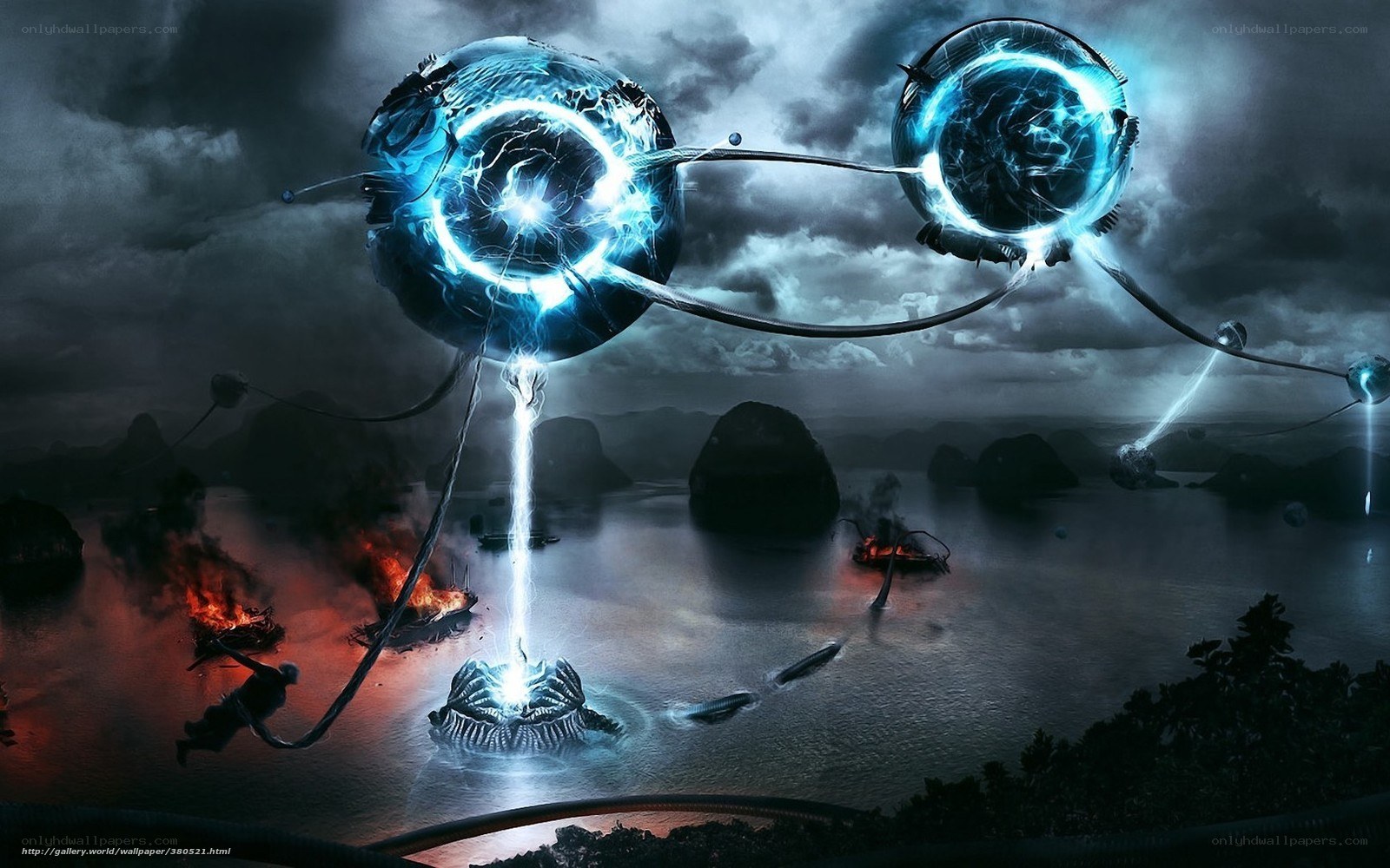 Futuristic energy spheres over water