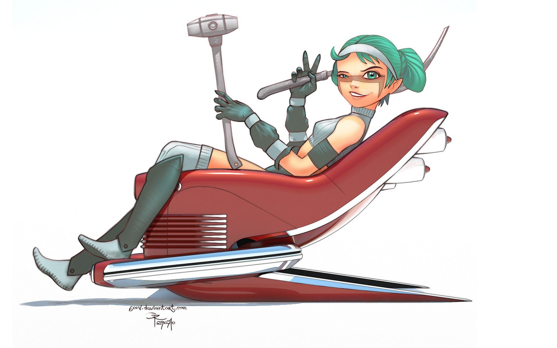 futuristic female pilot with hammer