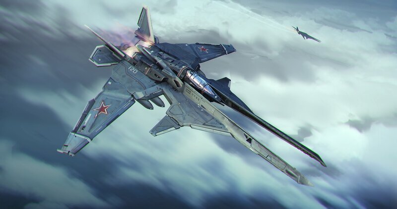Futuristic Fighter Jet — Gray, Dramatic, Digital Art, Clouds