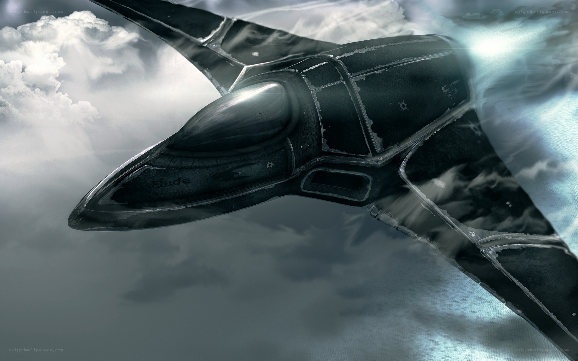futuristic fighter jet in clouds