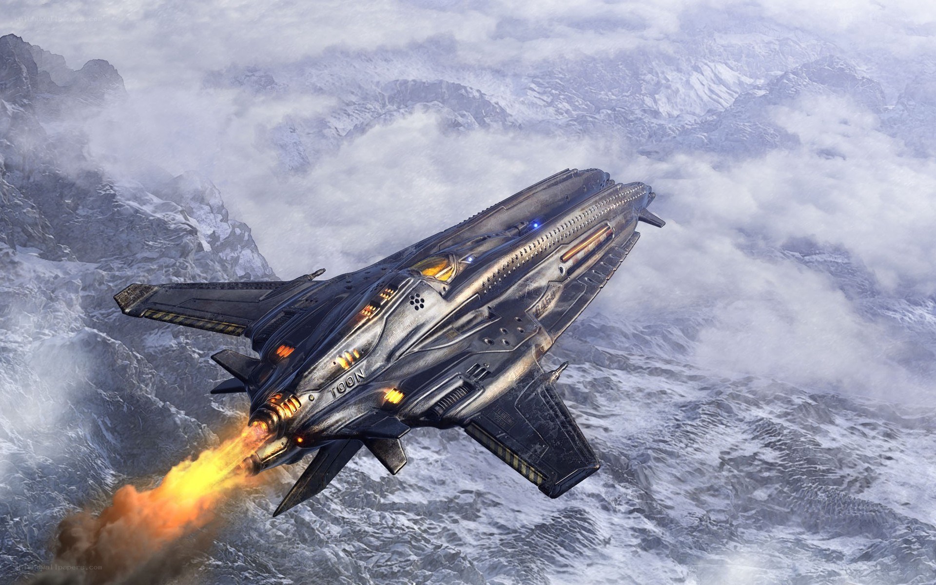 Futuristic fighter jet in flight
