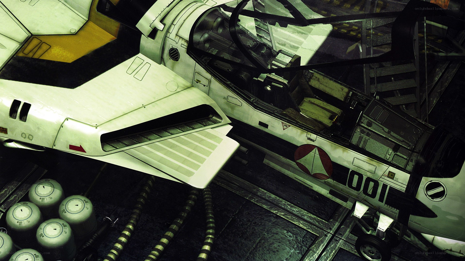futuristic fighter jet in hangar