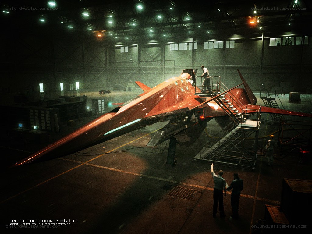 Futuristic fighter jet in hangar