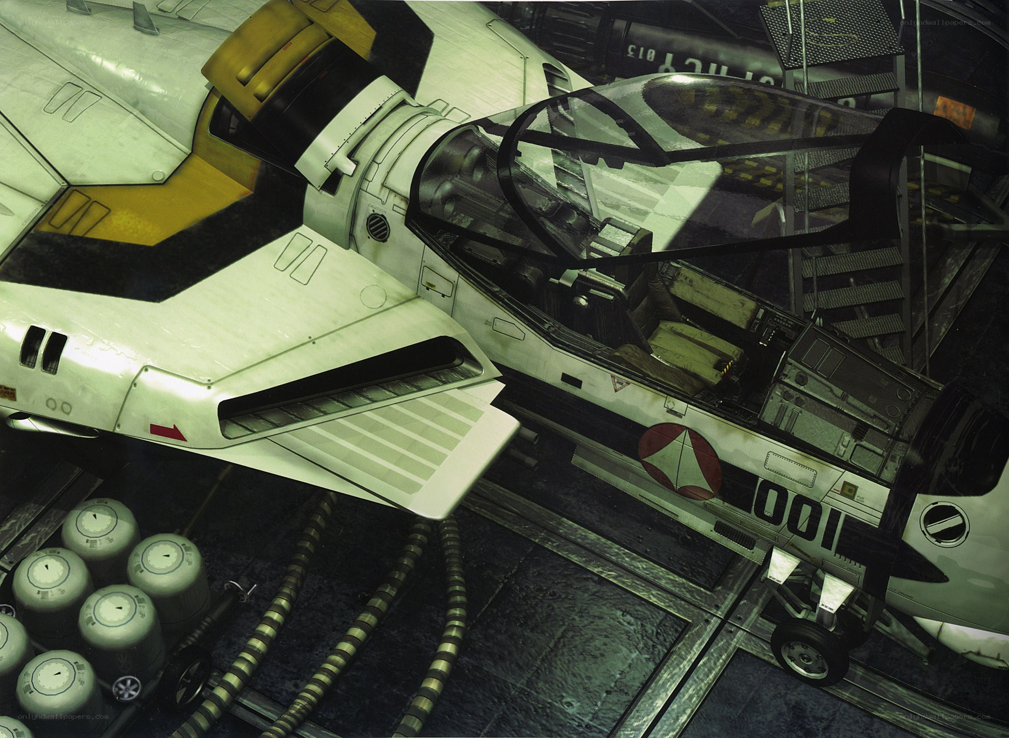 futuristic fighter jet in hangar