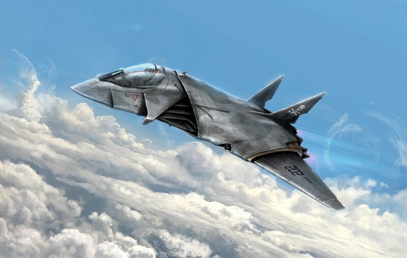 futuristic fighter jet in sky