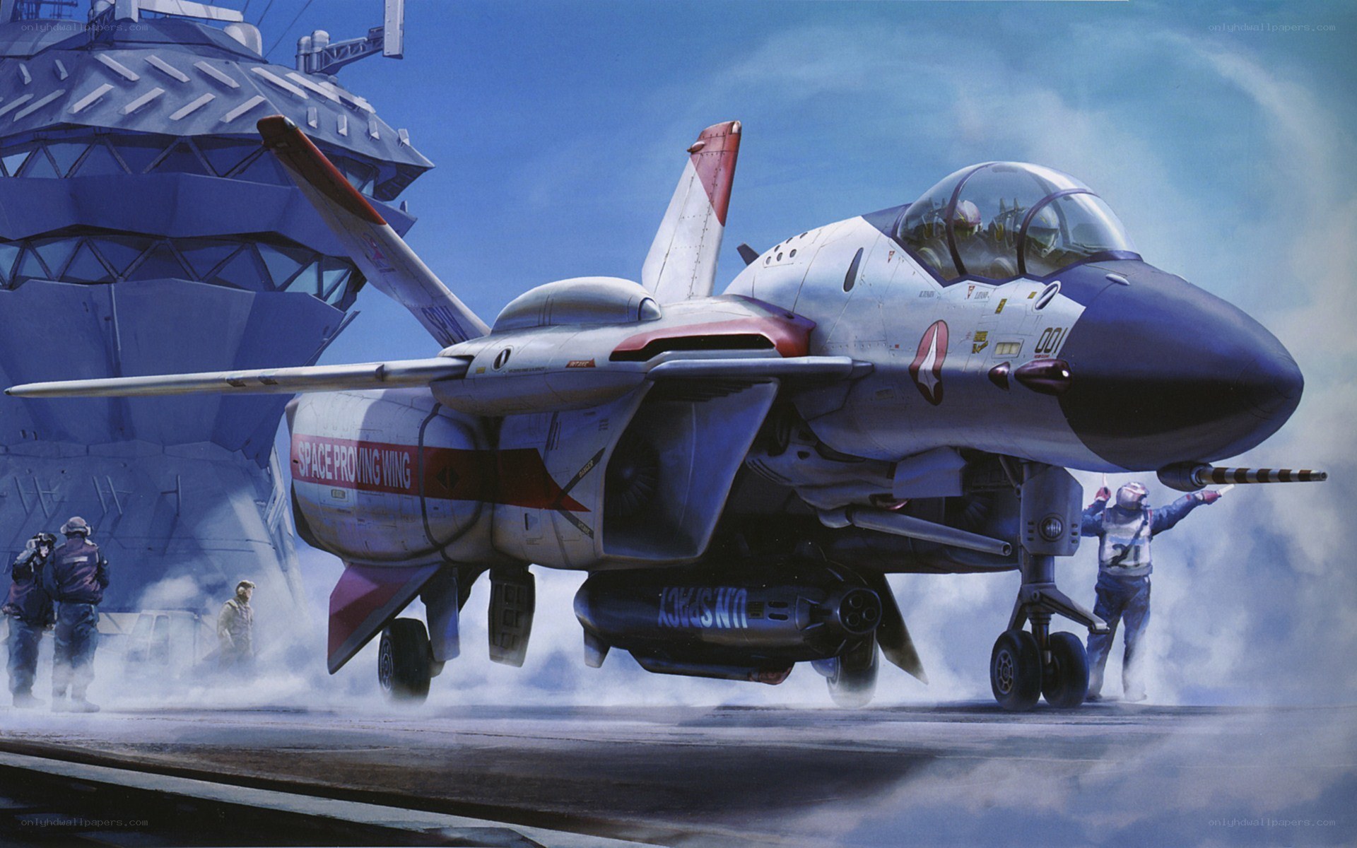 Futuristic fighter jet on carrier deck