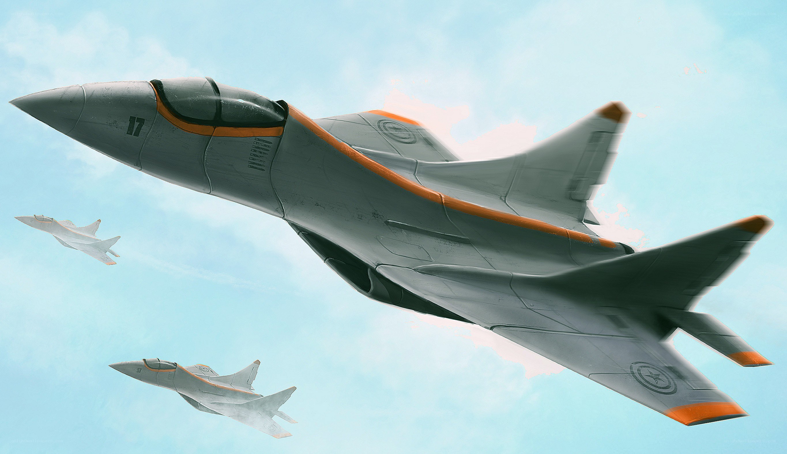Futuristic fighter jets in formation