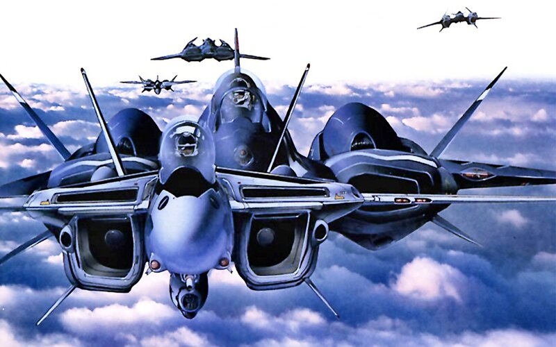 futuristic fighter jets in formation