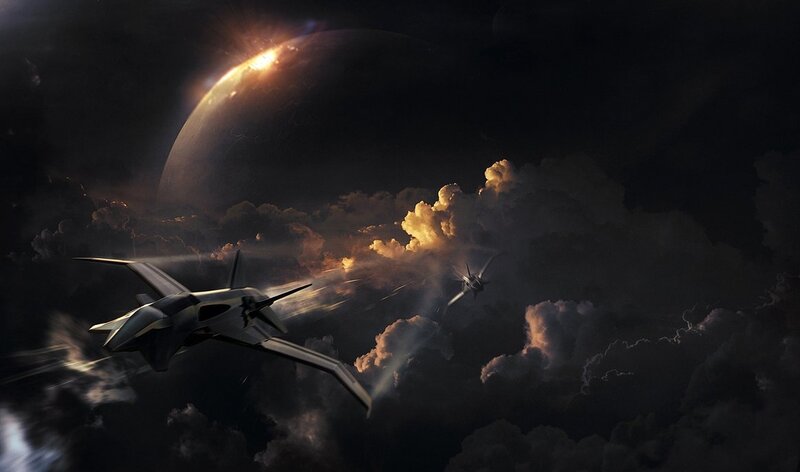 Futuristic fighters in stormy sky