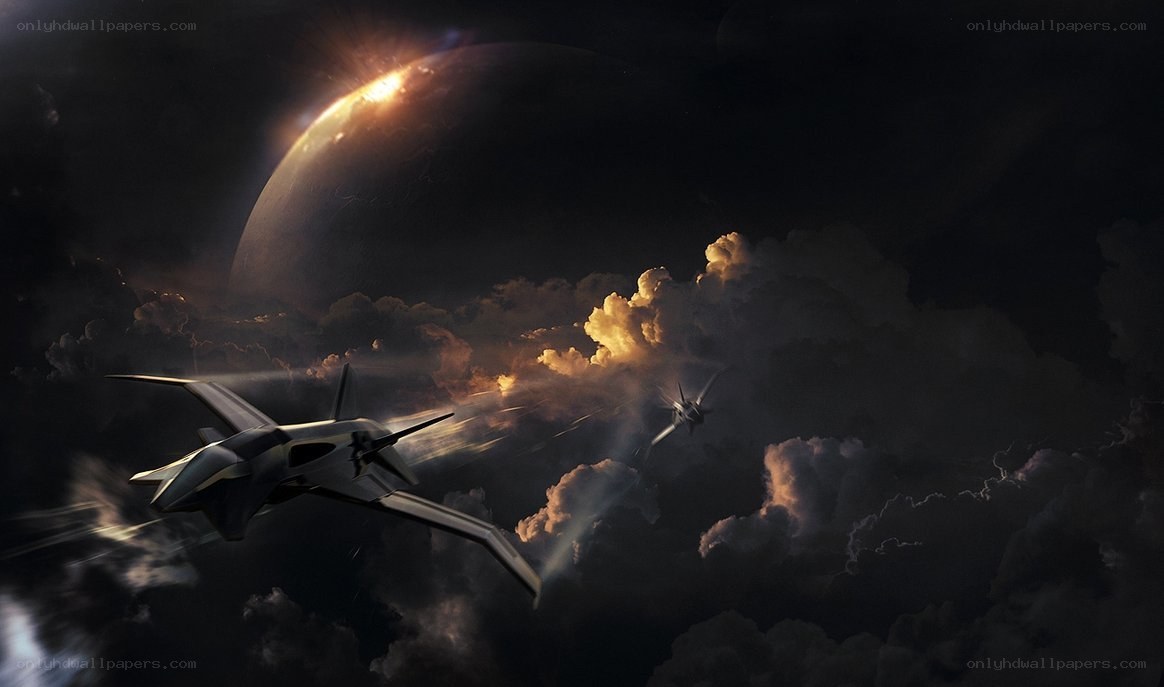 Futuristic fighters in stormy sky