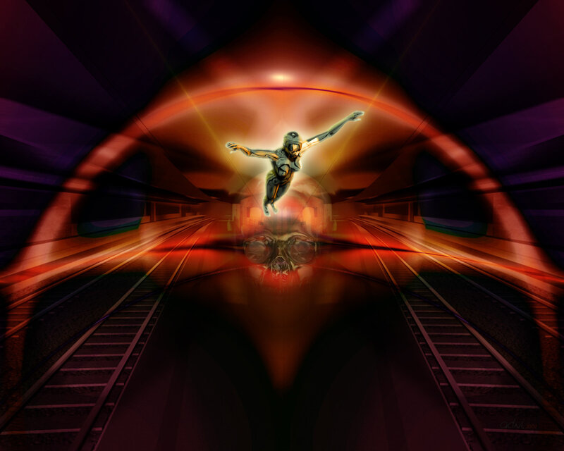 futuristic figure in tunnel