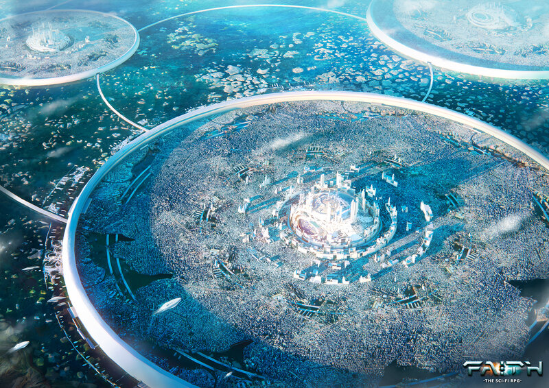 Futuristic Floating City — Blue, Dramatic, Digital Art, Ocean, Spacecraft