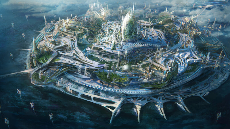Futuristic Floating City — Blue, Dramatic, Digital Art, Ocean