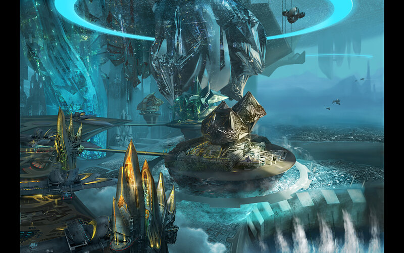 Futuristic Floating City — Blue, Dramatic, Digital Art, Spacecraft