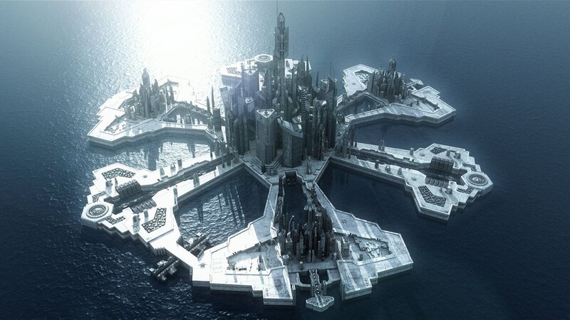 Futuristic Floating City — Blue, Dramatic, Morning