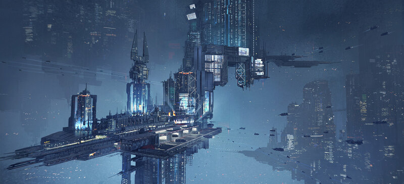 Futuristic Floating City — Blue, Dramatic, Night, Digital Art, Skyscrapers