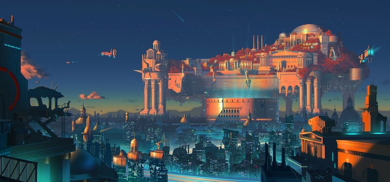 Futuristic Floating City — Blue, Dramatic, Night