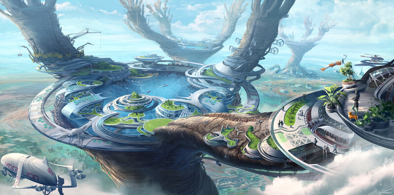 Futuristic Floating City — Blue, Serene, Afternoon, Digital Art, Aircraft